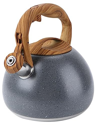 MAGICLULU 1pc Whistling Kettle Wooden Handle Antique Design Food-Grade Stainless Steel Flat Bottom Tea Pot for Stovetop Use for Home Office and Travel Grey Outer Packing