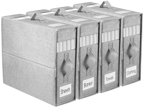 Fachmach 4 Pezzi Organizer Lenzuola per Armadio,Organizer Lenzuola Pieghevole Salvaspazio Contenitore per Lenzuola per Biancheria da Letto,Vestiti e Coperte con Cerniera (Grigio)
