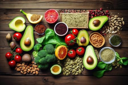 adrium Acryl-Bild 80 x 50 cm: Frisches, gesundes Essen auf Holzhintergrund (218488124)