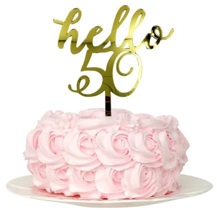 Hello 50 Gold Acrylic Cake Toppers - Fifty 50th Birthday Decorations