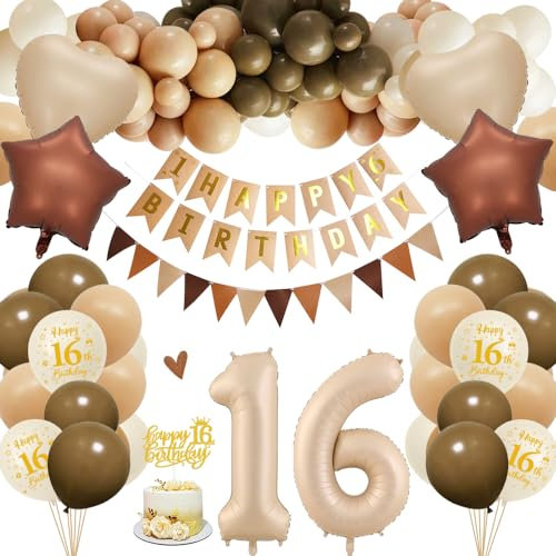 16. Geburtstagdeko Junge Mädchen, 16 Jahre Braun Beige Ballon Arch Kit mit Happy Birthday Banner, Cake Topper, Geburtstag Zahlen Luftballon 16 Jahre, Folienballon, Party Deko für Geburtstag