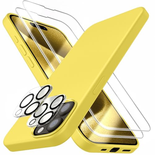 Dssairo [5 in 1 für iPhone 15 Pro Hülle, mit 2 Displayschutzfolien + 2 Stück Kameraobjektivschutz, Flüssigsilikon Ultra Slim Stoßfest Schutzhülle [Mikrofaserfutter](Gelb)