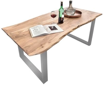 Liadomo Sammy Esstisch, Esszimmertisch, natürliche Baumkante, Tischplatte aus Akazienholz 26 mm dick, Metallgestell, Massivholz, 220 x 100, Akazie massiv Natur lackiert + U-Gestell Metall Silber