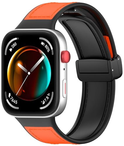 Bdsidy Cuir + Silicone Bracelet Compatible avec Huawei Watch Fit 3, Réglable Sport Magnétiques Remplacement Bracelet pour Huawei Watch Fit 3 Smartwatch, Cuir Bracelet pour Huawei Fit 3 (Orange)