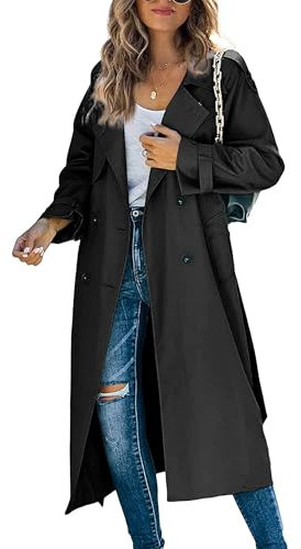 Felcia Women's Classic Long Trench Coat Double-Breasted Lapel Long Sleeve Windproof Overcoat with Belt (A-Black, S)
