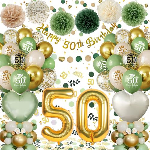 50 Geburtstag Deko Männer Frauen,Geburtstagsdeko 50 Frau Mann, 50. Geburtstag Luftballons Grüne Gold, Deko 50 mit Happy Birthday Banner Pompons für Dekorationen Mehrweg