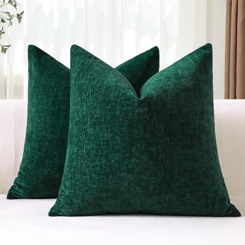 JOTOM 2er Set Chenille Kissenbezüge, Dekorative Weich Einfarbig Wurf Kissenbezug Moderne Kissenhüllen Sofakissen Dekokissen Zierkissenbezug für Wohnzimmer Schlafzimmer Deko (45x45cm, Dunkelgrün)