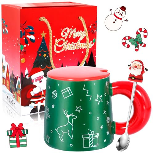 Vleuexe Tazze Natalizie,Tazza Natalizia Divertenti,Tazza Colazione Verde,Tazze Caffe con Cucchiaio Carino,Coperchio Della Tazza Rosso,Manico,tazze Natale Idea Regalo Uomo e Donna,Ceramica 400 ml