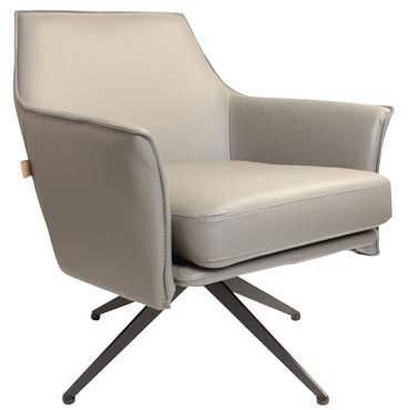 SIX Aurio Mid-Century Modern Echtleder-Drehstuhl Grau-Hochwertiger Leder Lounge Chair Club Sessel Massivholzrahmen und Metallbasis-Stilvoll, Komfortabel, Pflegeleicht