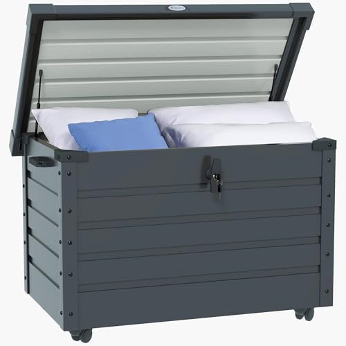 Outsunny Baule da Giardino da 295L con Serratura, 2 Maniglie e 4 Rotelle, Mobile Portaoggetti in Acciaio Zincato, 100x62x65 cm, Grigio Scuro