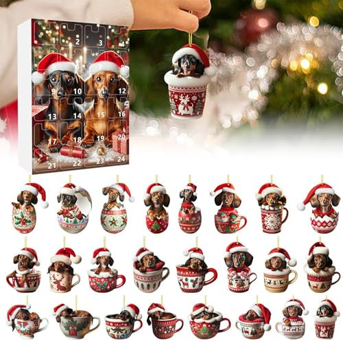 Colgante de árbol de Navidad con diseño de perro salchicha, calendario de adviento 2024, 24 días, calendario de cuenta atrás para decoración de árbol de Navidad, adorno colgante para colgar en el