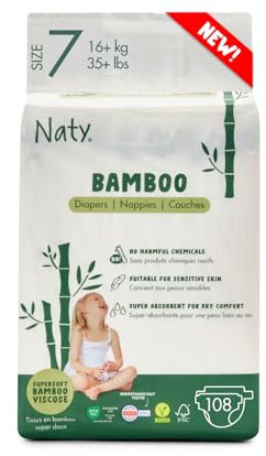 Naty Bamboo - Couches pour Bébé en fibres de viscose de bambou – Douceur soyeuse, Couches à base de plantes, Testées dermatologiquement pour peau sensible et super absorbantes (Taille 7, 108 unités)