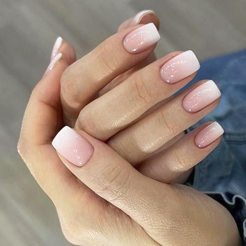 French False Nails - Gradient Nude Square Stick on Nails, Full Cover Wedding Nails for Women