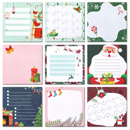 JSRQT 9 Pack Haftnotiz Weihnachten 3Inch, Weihnachten Selbstklebende Notizzettel, Haftnotiz Klebezettel Sticky Notes, Farbige Haftnotizen Selbstklebende Notizblöcke für Schule Büro Xmas Heimdekoration