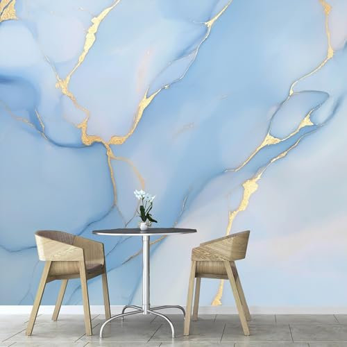 ANALTIRCE Wall Mural Wallpaper for Bedroom Living Room Wallpaper 3D Blue Marble Photo Print Picture Image Wallpaper Decoration Gold Stripes Wallpaper 59×42 (Not Self-Adhesive)
