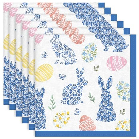 Arquiel Servietten Osterhase Blau 6er-Set, Stoffservietten 100% Baumwolle Ostereier Dekoratives Weiches Wiederverwendbare Esstisch Servietten für Ostern Party Küche Haushalt(45×45cm)