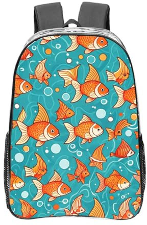 Transparenter Rucksack, robuster, transparenter PVC-Rucksack, große, durchsichtige Tasche für Reisen, Arbeit, Konzerte, Jolly-Goldfish-Aufdruck, 40,6 cm