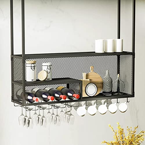 XAUBXYVR Industrielles, 2-lagiges Weinregal zum Aufhängen, mit Glashalter und Ablage, schwarzer Flaschenhalter aus Eisen, Weinregal für die Decke, 80 x 30 cm
