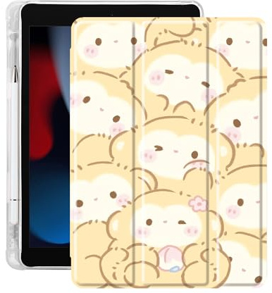 Idocolors Cute Kawaii Golden Monkey Pad Case for 10.2 Inch iPad 9th/7th/8th Gen, Clear TPU Trifold Stand Back Cover with Pencil Holder, Auto Wake/Sleep Protective Case for iPad 2021/2020/2019