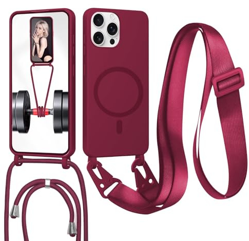 GoodcAcy Crossbody Lanyard Case for iPhone 13 Pro, [Compatible with MagSafe] Magnetic Case with Strap Adjustable and Removable Neck, Anti-Fingerprint Cover for iPhone 13 Pro, Red