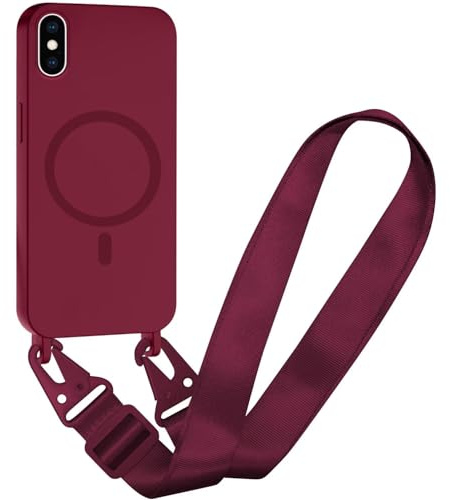 SLWYF Magnetische Handykette für iPhone XS Max Hülle, Handyhülle Kompatibel mit MagSafe, mit Band Silikon Seil Necklace Handyhülle PU Stoßfest mit Abnehmbar Hülle, Rot