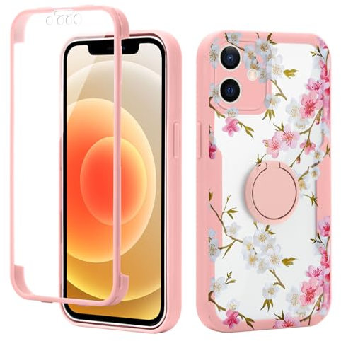 Phoona Kickstand Cherry Blossom Phone Case for iPhone 11 6.1,360°Rotatable Magnetic Ring Holder Cases,Aesthetics Pattern Full Body Shockproof TPU Cover Built-in Screen Protector