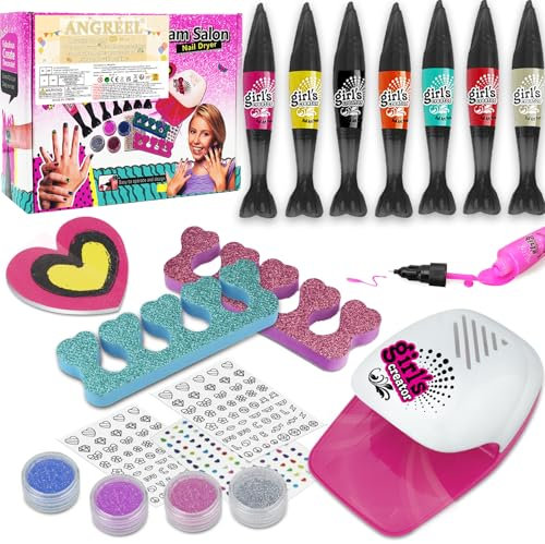 ANGREEL 18Stück Nagelstudio Kinder Mädchen mit Nageltrockner & Lackstifte, 7 Farben Kindernagellack Wasserbasierend & Quick-Dry, Geburtstag Weihnachten Geschenke für 5 6 7 8 Jahre Mädchen Schminke