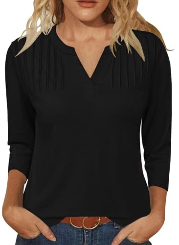 IECCP Bluse Damen Elegant V-Ausschnitt Oberteile 3/4 Langarm Elegant Blusenshirt Locker Shirt Business Outfit Lässig Tunika Schwarz XL