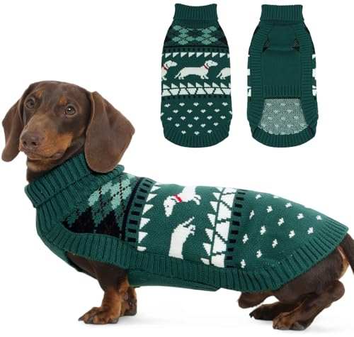 Hjyokuso Dackel Pullover XS, Süßer Hundepullover mit Dackelmuster, Rollkragen Strickpullover für kleine Hunde, Weicher Winter Hundemantel, Weihnachten & Geburtstag Grün