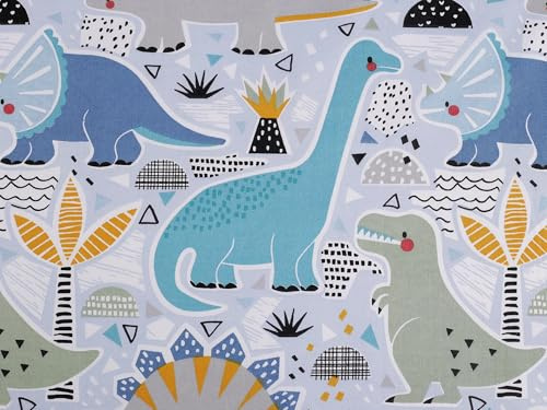 Meterware: 1 m Stoff (Baumwollstoff), 155 cm breit, 100% Baumwolle, OEKO-TEX 100, Dinos (Blautöne)