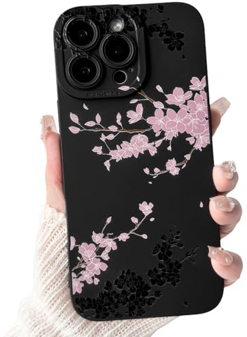 NITITOP for iPhone 16 Pro Max Case Cute Cherry Blossom, Black Pink | for Women Girls, Aesthetic Flower Floral Pattern, Soft TPU Shockproof Cover, Full Camera Protection