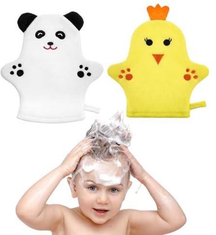 KFHENSOMR Lot de 2 gants de bain pour bébé - Style animal - Poulet jaune - Panda - Gant de toilette en coton - Exfoliant doux pour le bain et la douche de bébé