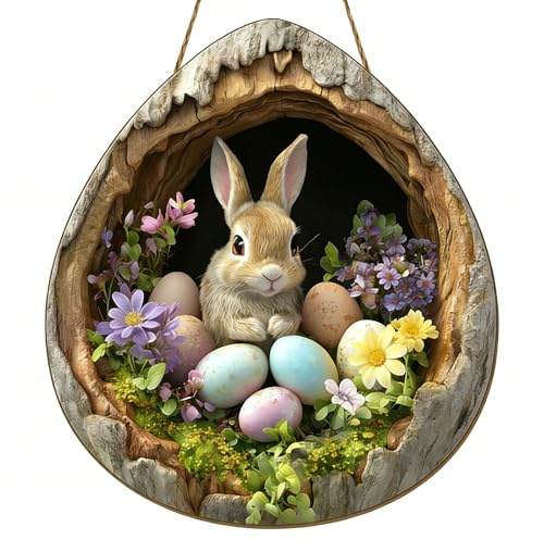 Osterhase Türschild aus Holz,30cm Osterdeko zum Aufhängen,Bunt Türdeko Frühling, Easter Decoration Eingangstür, Türschmuck Willkommen für Haustüren, Wände, Fenster (A)