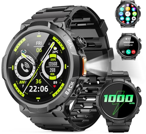 Militaire Montre Connectée Homme avec LED Lampe, 1000mAh/1.53 HD/Appels Bluetooth Bimodes, Smartwatch Homme avec Fréquence Cardiaque/Sommeil, 110+ Modes Sportifs, Etanche IP68 pour Android IOS, Noir