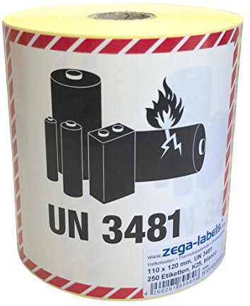 Gefahrgutetiketten auf Rolle - UN 3481 - Lithium-Ionen-Batterien - ohne Telefonnummer/zum selbstbedrucken - 250 Stück je Rolle - 120 x 110 mm - Haftpapier - Kern 25 mm für Desktopdrucker
