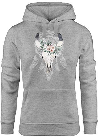 Neverless Hoodie Damen Boho Skull Totenkopf Schädel Traumfänger Dreamcatcher Bohamien Kapuzen-Pullover grau S