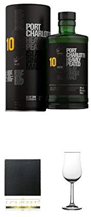 Port Charlotte 10 Jahre Heavily Peated 50% 0,7 Liter + Schiefer Glasuntersetzer eckig ca. 9,5 cm Durchmesser + Nosing Gläser Kelchglas Bugatti mit Eichstrich 2cl und 4cl 1 Stück