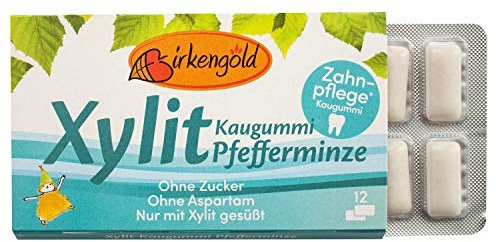 Birkengold Xylit Kaugummi Pfefferminze, Zahnpflege-Kaugummi, zuckerfrei, 70 % Xylit, vegan, ohne Titandioxid, 1 x 17g (12 Stück)