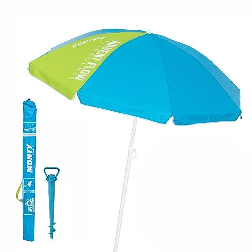 Pack de sombrilla de Playa de 8 Varillas y Soporte de Arena con protección Solar UPF+50 de Acero y Nylon Azul y Verde, de Ø 180 cm