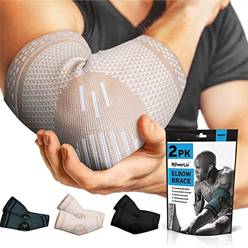 POWERLIX Ellenbogenbandage 2 Stücke, Kompression Ellenbogen Bandage für Damen & Herren, Ellbogen Bandage für Tennisarm, Golferarm, Sport, Arthritis, Sehnenentzündung, Gelenkschmerzen, Beige, M