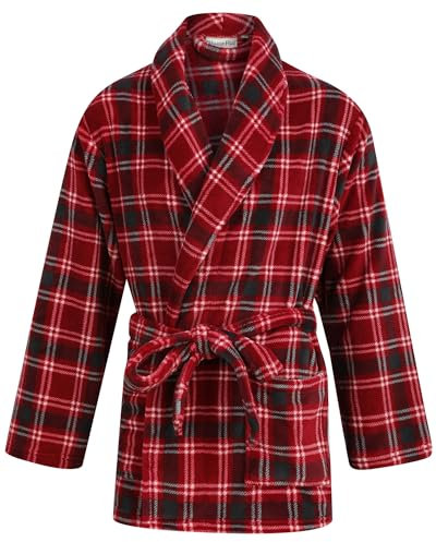 Walker Reid Mens Check Coral Fleece Bed Jacket Shawl Collar Short Robe Large (Red)