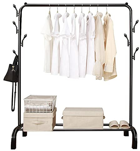 Helikim Metall Kleiderständer Freistehender Trockenbügel mit Regalen und 7 Haken, Hochleistungs-Kleiderständer Regal Organizer für Schlafzimmer, Boutiquen, Showrooms,Schwarz,105cm