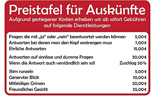 Jessgirl Preistafel für Auskünfte Blechschild Schild Blechschild Bogen Metall Blechschild 20 x 30 cm