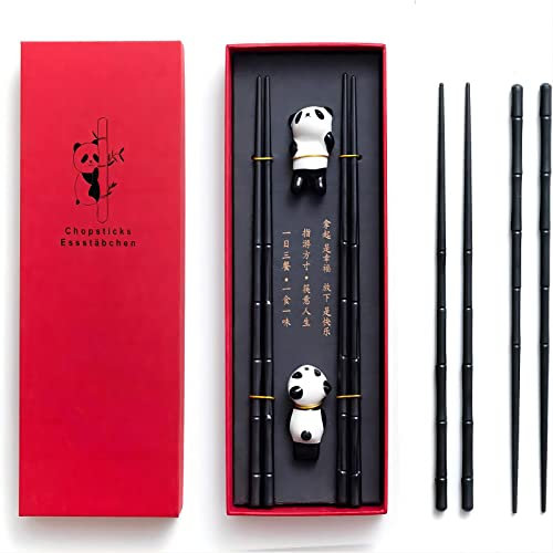 HauSun 2 Pairs Chopsticks and Rest Gift Set - Dishwasher Safe Reusable Fiber Glass With Porcelain Cute Panda Holder, Non-Slip Chinese Japanese Style Set, Black