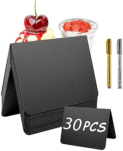 Mini Kreidetafel Set, Mini Kreidetafeln Schilder, 30 stück Preisschilder, Mini Tafeln Kunststoff Wiederverwendbar mit 2 Stiften, Mini Tafelschilder für Preisanzeige Esstisch Hochzeit Essen