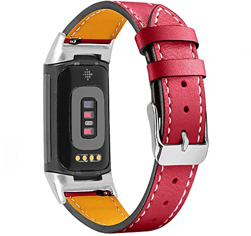 Gimuk Kompatibel Mit Fitbit Charge 6/5 Armband - Echtes Leder, Verstellbares Sportarmband für Damen und Herren, Ersatzarmband für Tracker, Klein und Groß (Rot)