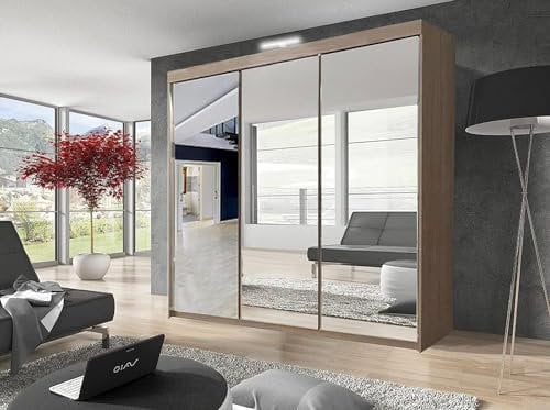 GSW Bedroom Furniture Modern Full 2 and 3 Mirror Sliding Door Wardrobe With Shelves And LED Light, Hanging Rail (250CM, Oak)