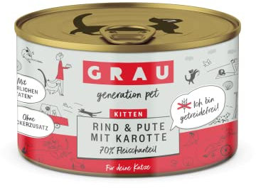 GRAU – das Original – Nassfutter für Katzen - Kitten - Rind, Pute & Karotte, 6er Pack (6 x 200 g), getreidefrei, für Kitten