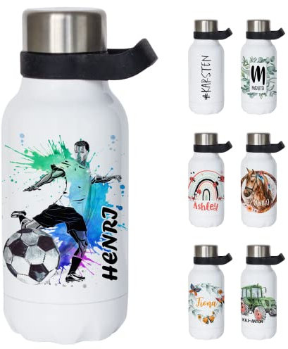 GRAZDesign Thermosflasche mit Henkel - Trinkflasche personalisiert mit Namen, auslaufsicher, BPA-frei, Edelstahl, Kohlensäure geeignet (Fußballer, 550ml)