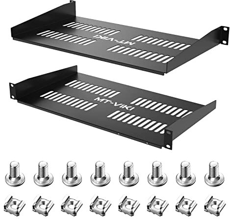 MT-VIKI 1U Server Rack Shelf 250mm deep- Universal Vented Rack Mount Cantilever Tray for 19 inches Network Equipment Rack & Cabinet -44lb/20kgWeight Capacity- Black - Sturdy (2 Pack)